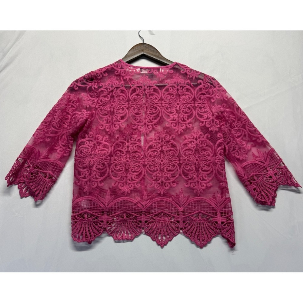 Kate & Mallory Mesh Blouse Top Womens XS Pink Embroidered Lace Sheer 3/4 Sleeve - Picture 9 of 9